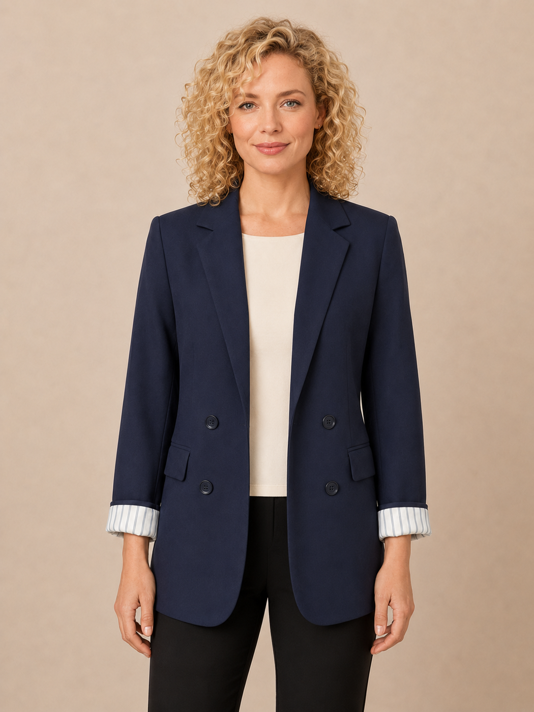Blazer long bleu marine à poignets rayés – Cache Cache – Taille 38