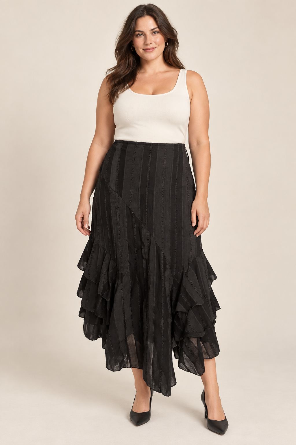 Jupe longue noire asymétrique à volants – DPM by Depech Mod – Taille 44