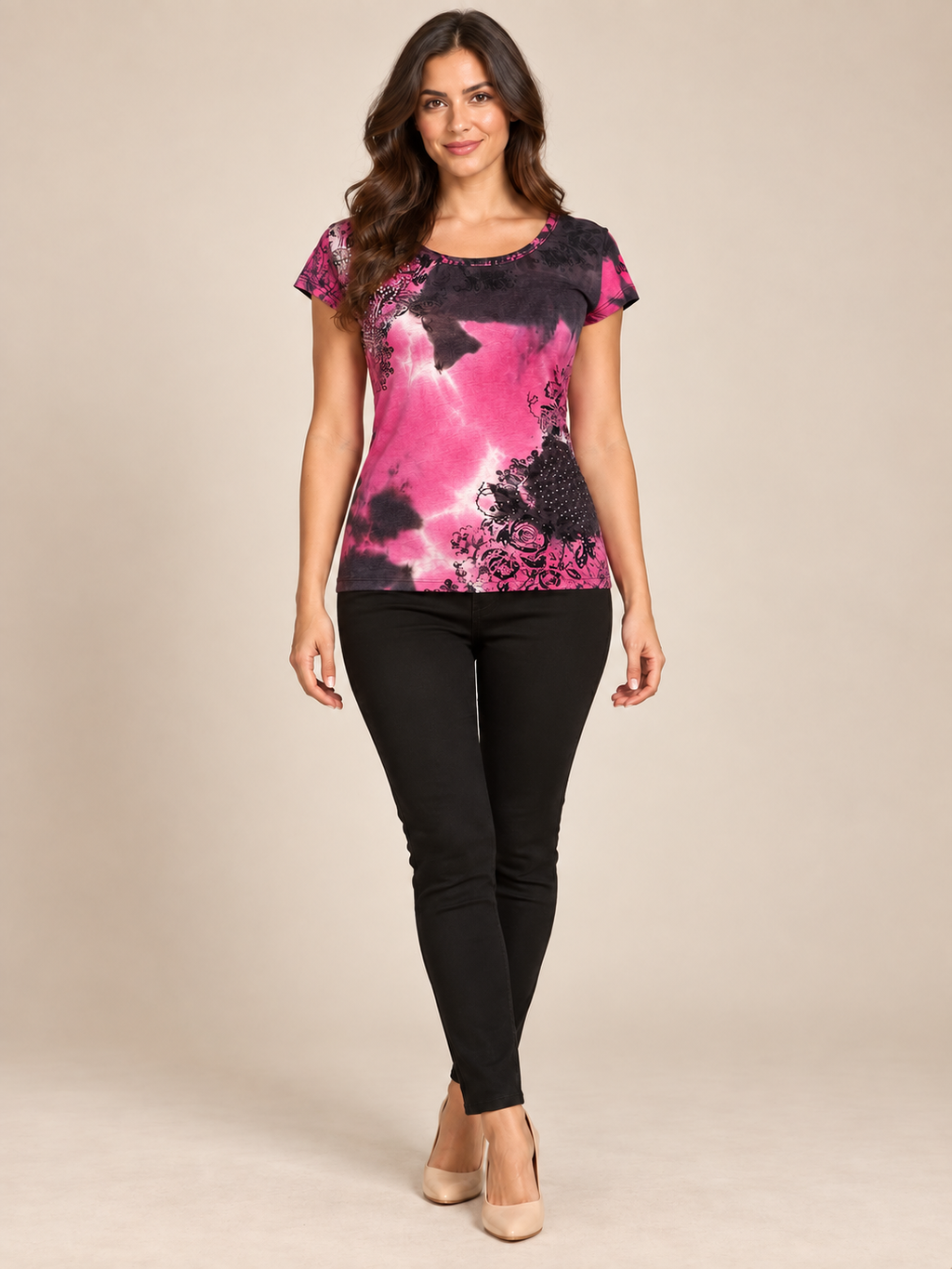 Haut imprimé rose et noir à strass Toumaï – Taille 2