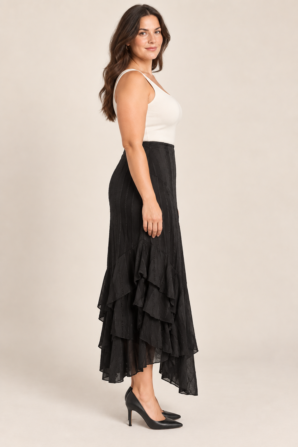 Jupe longue noire asymétrique à volants – DPM by Depech Mod – Taille 44