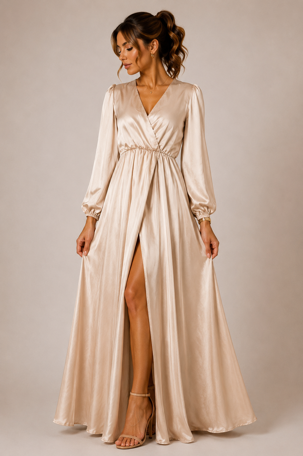 Robe longue satinée champagne – Fabriquée en France
