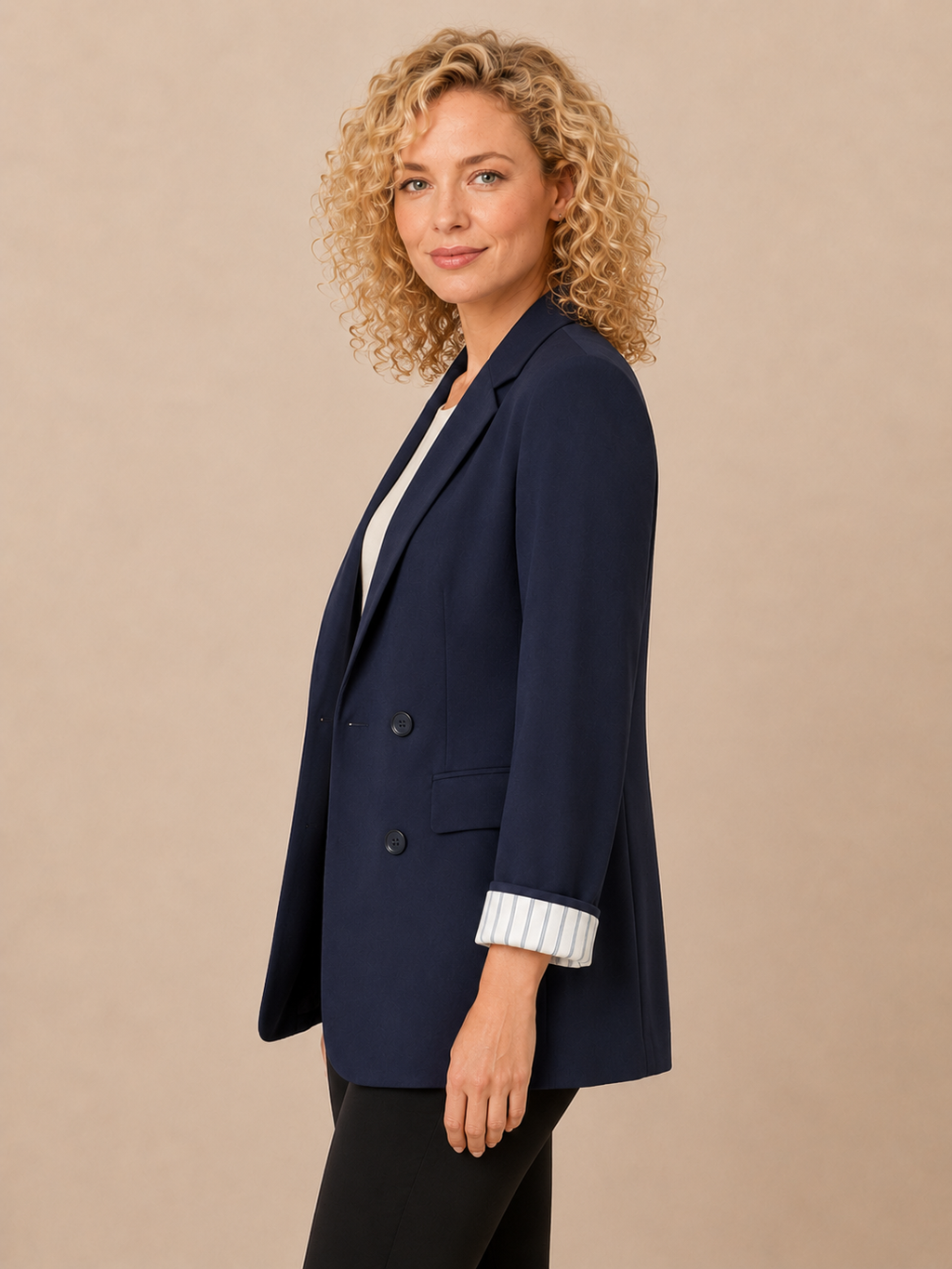 Blazer long bleu marine à poignets rayés – Cache Cache – Taille 38