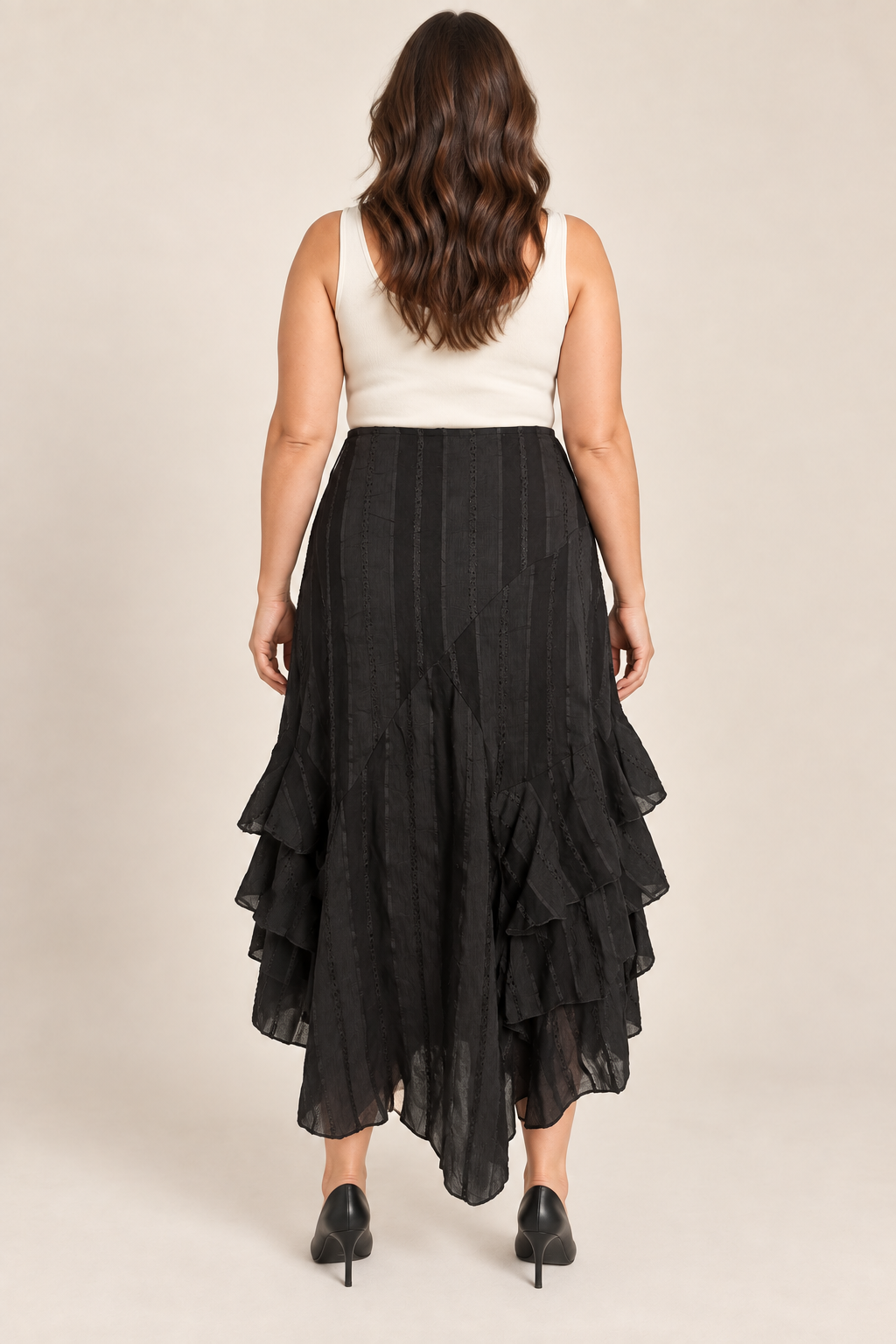 Jupe longue noire asymétrique à volants – DPM by Depech Mod – Taille 44