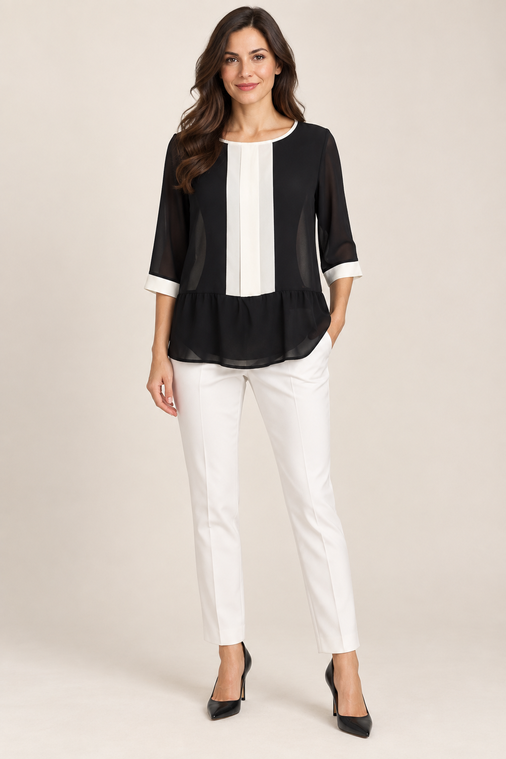 Blouse noire et écrue à volant – AGATHE VELMONT – Taille 3