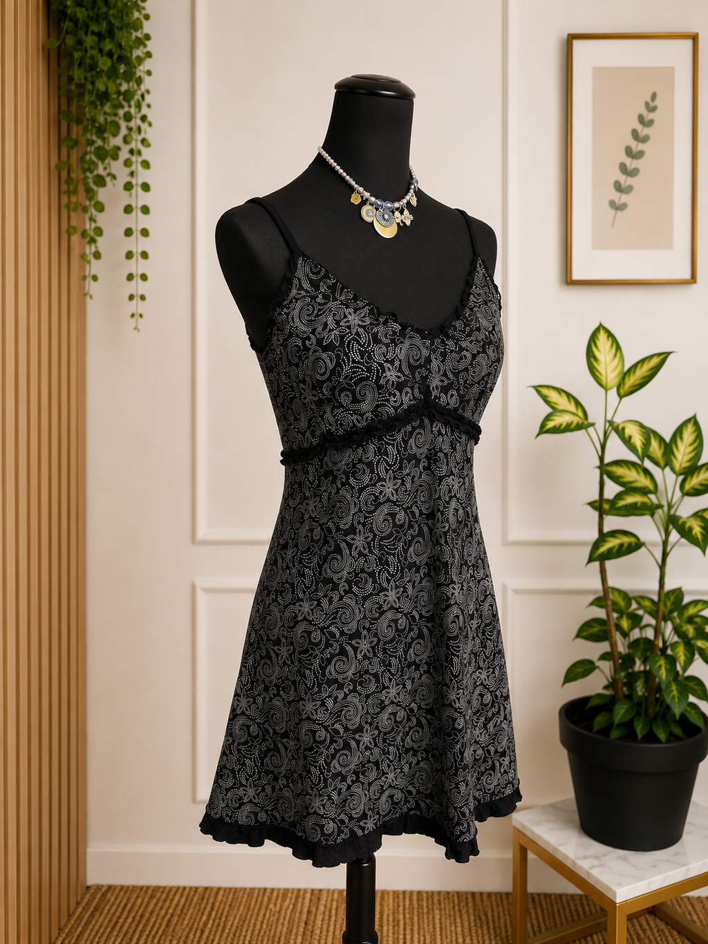 Robe noire à fines bretelles – Imprimé cachemire