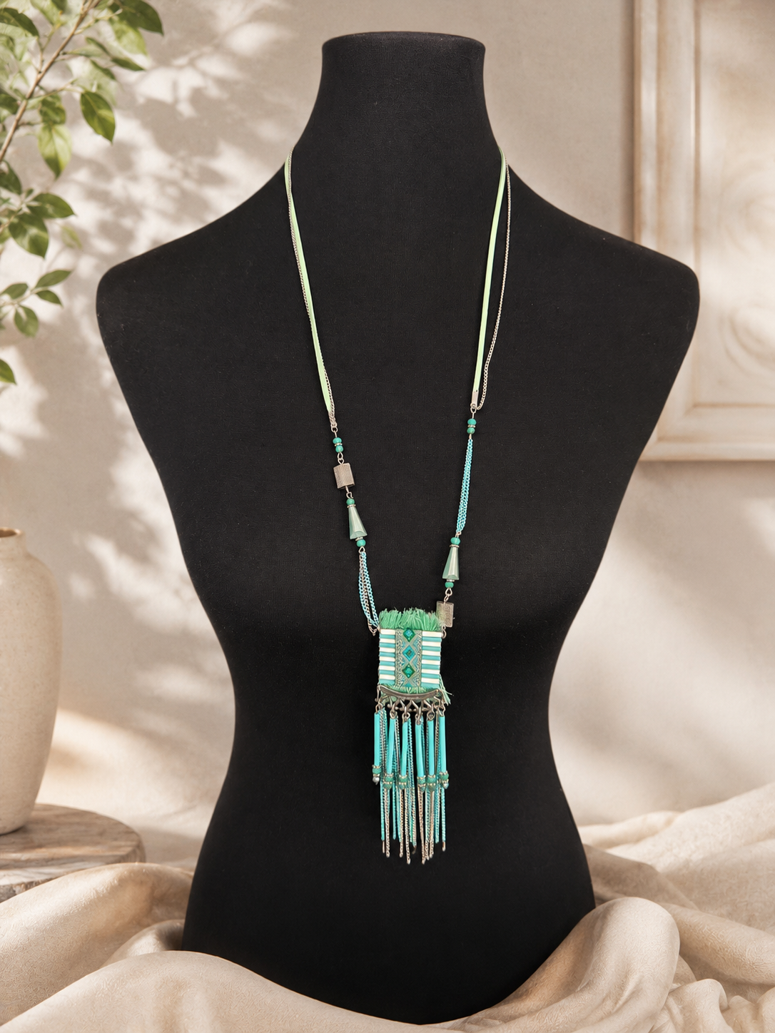 Collier long bohème turquoise à pampilles