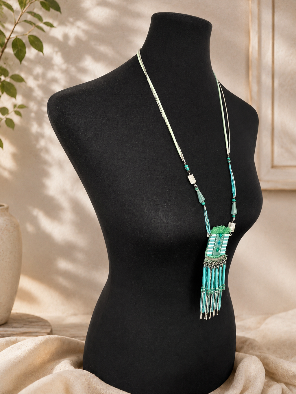 Collier long bohème turquoise à pampilles