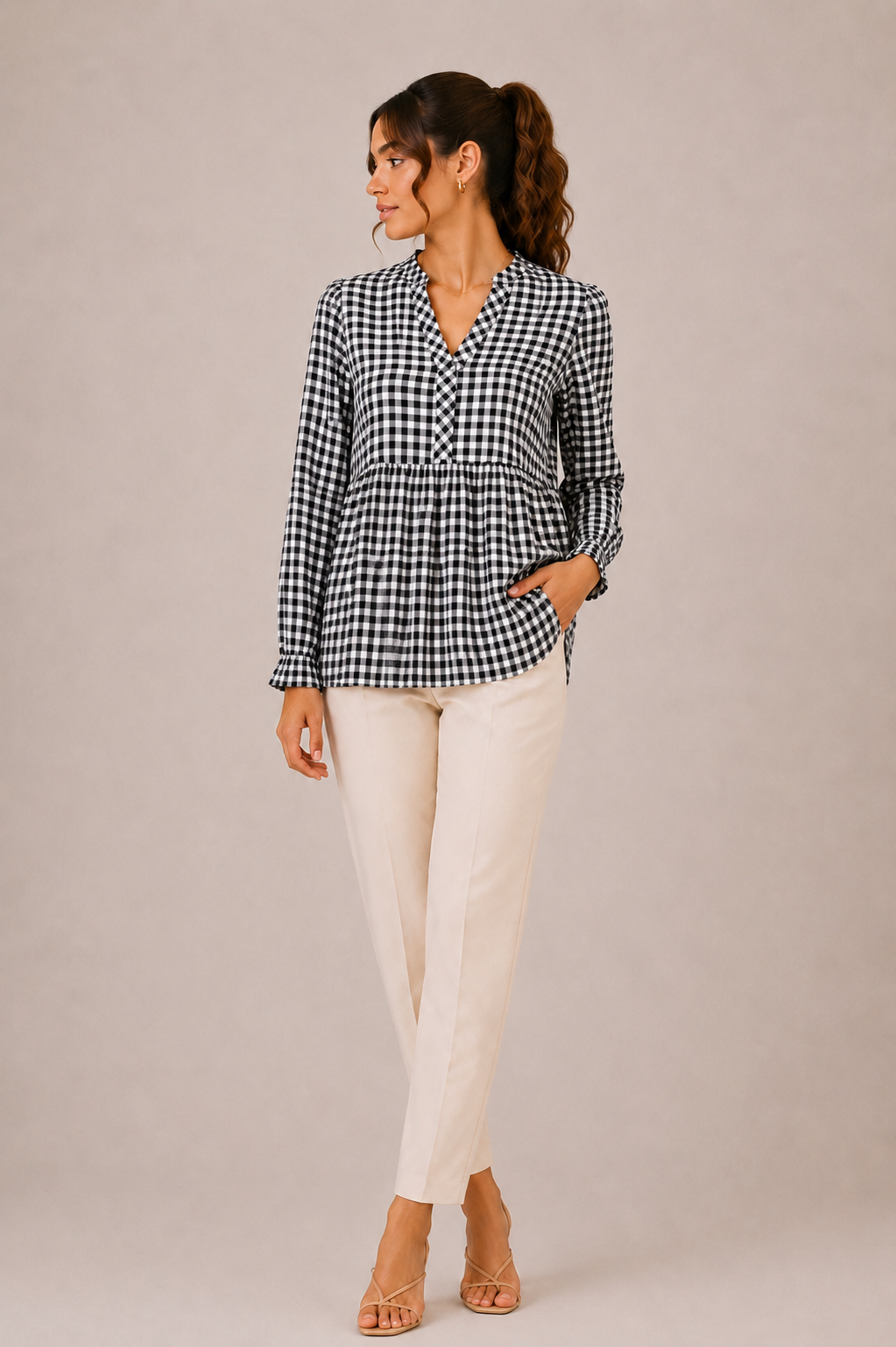 Blouse à carreaux vichy noir et blanc – Taille S – 100 % viscose