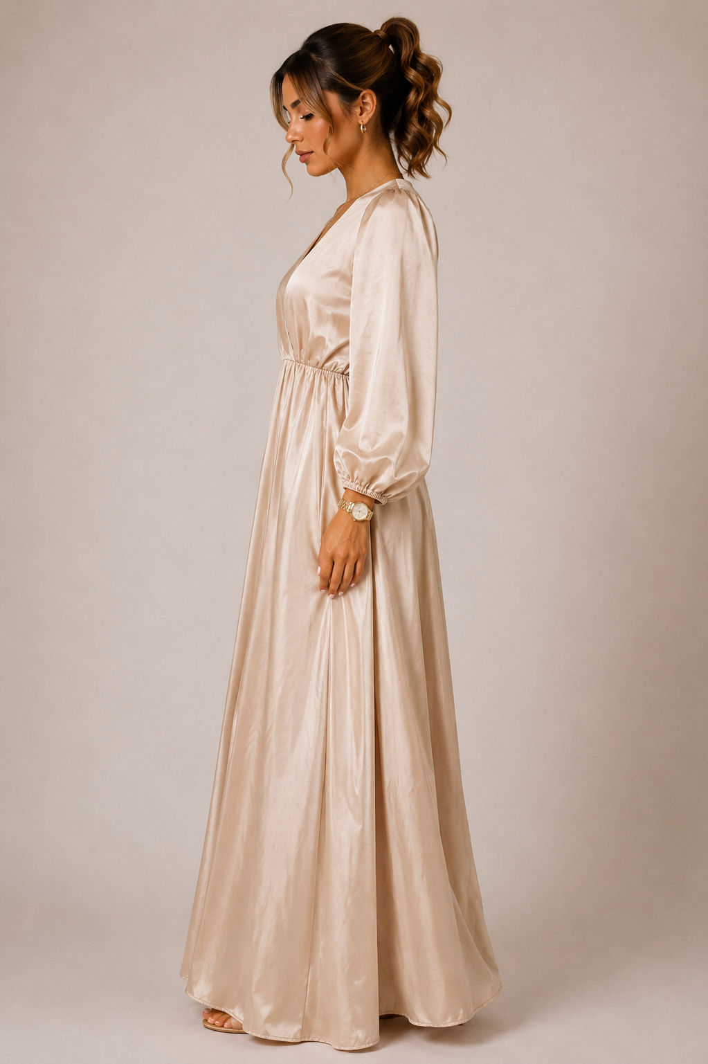 Robe longue satinée champagne – Fabriquée en France