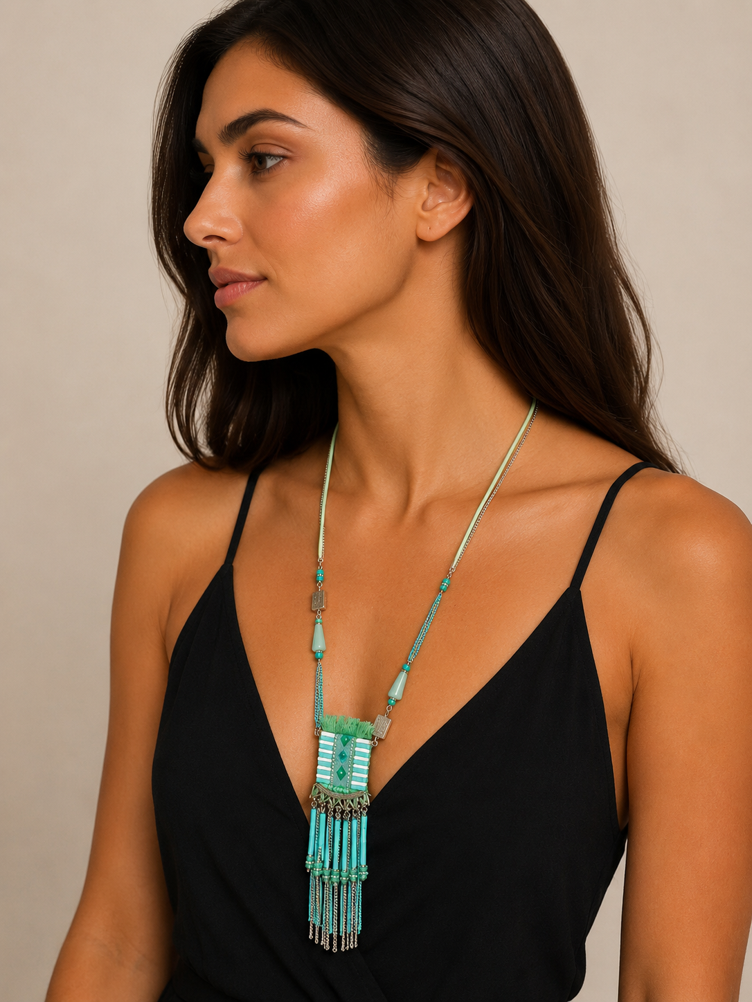 Collier long bohème turquoise à pampilles