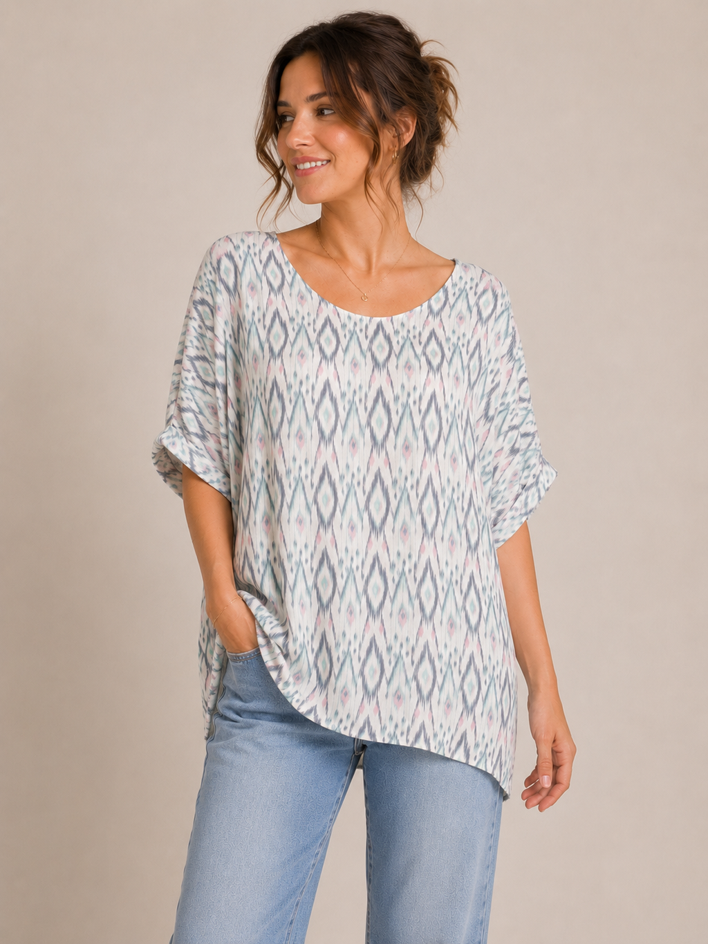 Haut Naf Naf imprimé fluide blanc et bleu – Taille S – Modal & viscose