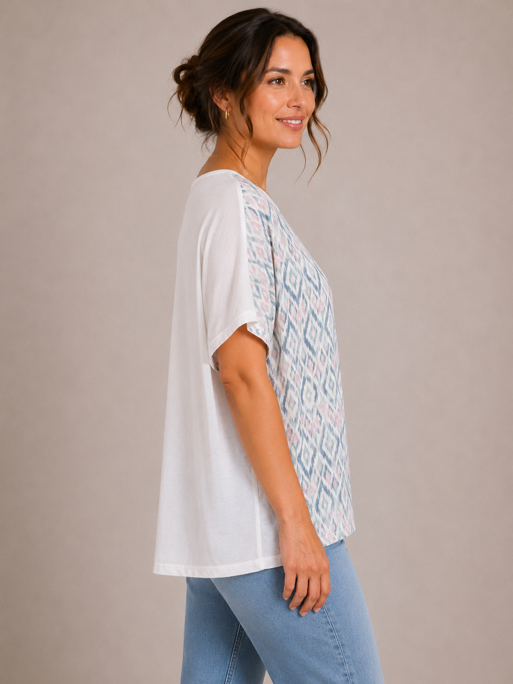 Haut Naf Naf imprimé fluide blanc et bleu – Taille S – Modal & viscose