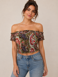 Crop top à épaules dénudées – Imprimé cachemire kaki