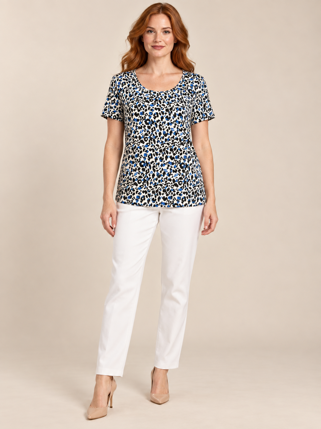 T-shirt Tissaia Basics à imprimé léopard noir et bleu – Taille 38/40