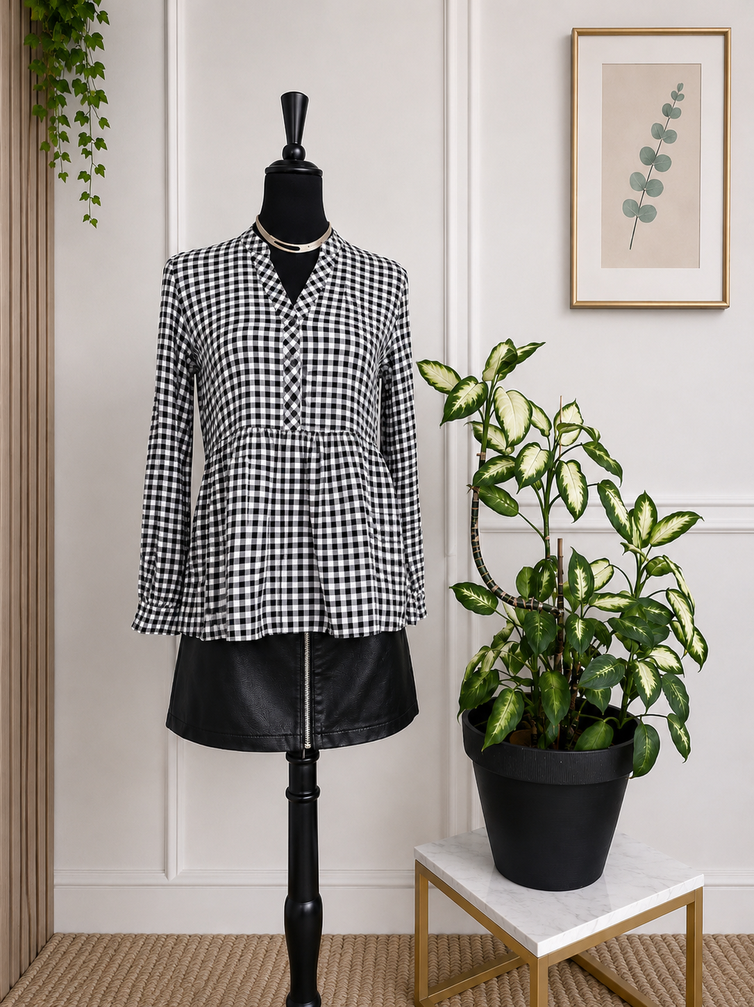 Blouse à carreaux vichy noir et blanc – Taille S – 100 % viscose