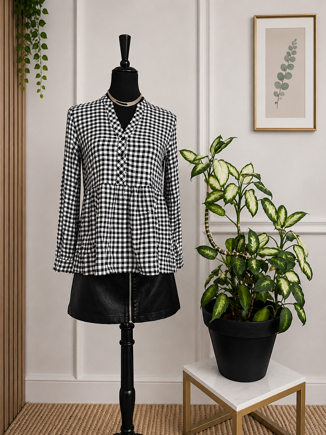 Blouse à carreaux vichy noir et blanc – Taille S – 100 % viscose